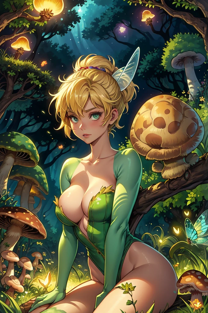 a female character, Tinker Bell ((formerly called Tinkerbell or Tinker Bell) is one of the bravest beings in Neverland)), perfect anatomy, large breasts, defined waist, fair skin, symmetrical eyes, blonde hair; She is naked, sitting on a flower, with many mushrooms around her, fireflies around her, forest background,

