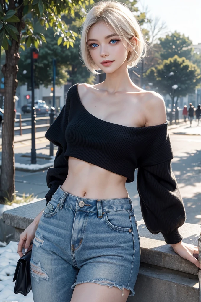 masterpiece, best quality, 8k wallpaper, highly detailed, absurdres, exquisite facial features, Ocean blue eyes, (sharp eyeliner, eyeshadow, detailed eyes:1.1), Perfect fingers, perfect face, [White fox ears, Short hair, Blondish White hair], Perfect skin, shiny skin, female, solo, light smile, Elegant Posing, [white crop top, blue denim jeans, black V shaped panties], outside next to tress with light snow, nice and sunny