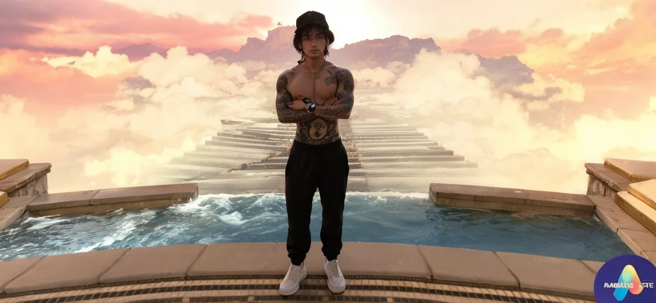 28 year old man shirtless, black pants, gold watch, gold strap, white sneakers
