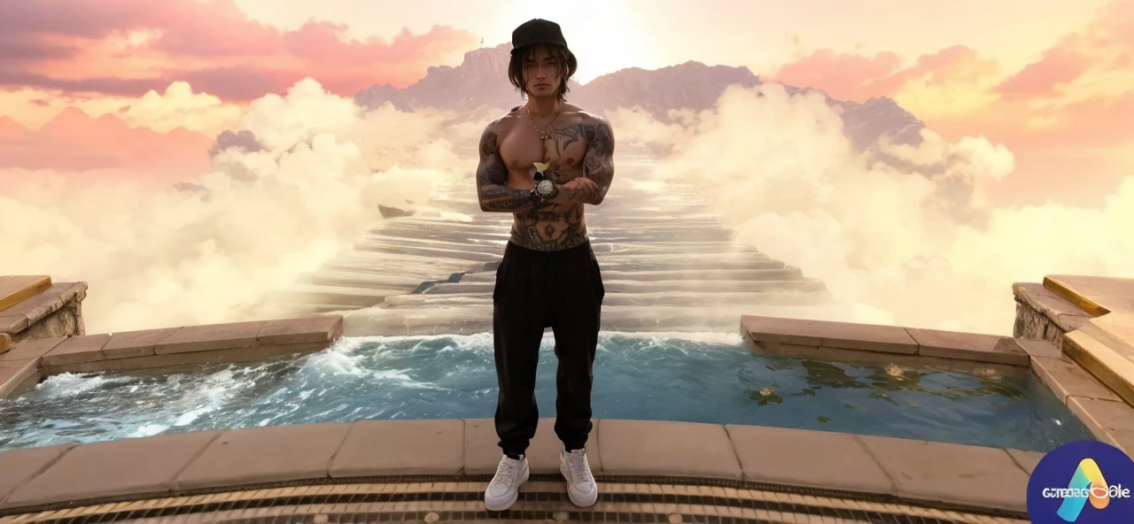 28 year old man shirtless, black pants, gold watch, gold strap, white sneakers