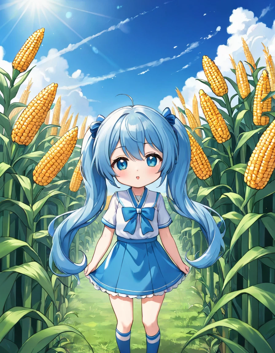 blue sky、White cloud、A field of corn、Light blue long hair、Cute chibi character with twin tails、I'm happy to be surrounded by corn.、A little character is biting into corn and eating it、A kernel of corn on his cheek、Delicious smile、T-shirt and denim shorts