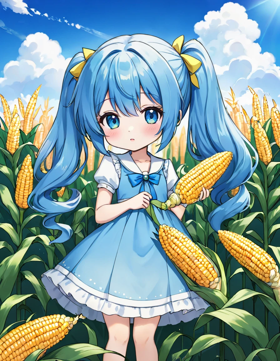 blue sky、White cloud、A field of corn、Light blue long hair、Cute chibi character with twin tails、I'm happy to be surrounded by corn.、A little character is biting into corn and eating it、A kernel of corn on his cheek、Delicious smile、T-shirt and denim shorts