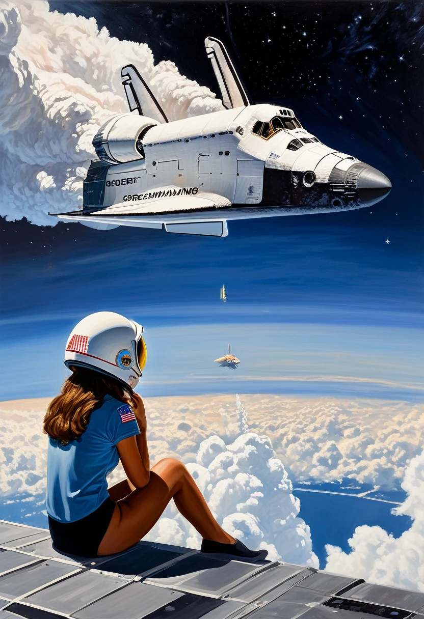 Painting of a woman wearing a helmet looking at the space shuttle, girl in space, looking at space, astronaut, girl looking at space, looking at space, woman astronaut, inspired by Robert McCall, dreaming of space, looking into the distance, sitting on a cloud in space, 2 0 2 1 Award-winning work
