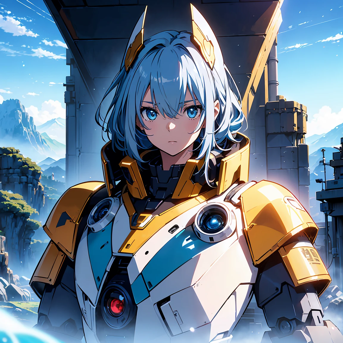 Anime, 2 characters, (1 age anime girl, silvery blue hair, bright blue star-shaped eyes); (1 Robot, Cape, Luminous Eyes, Rugged, Fantasy, Lights, outdated, old style, dark blue, bronze), Nature, Biomes with mountains