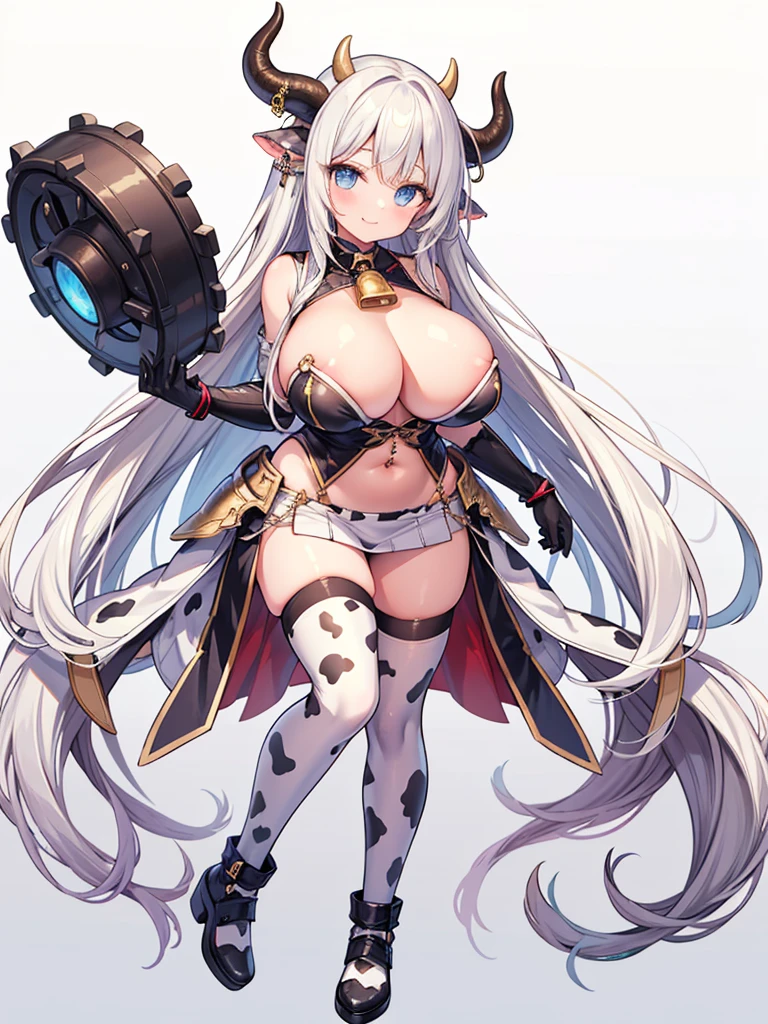 (masterpiece:1.2), (highest quality:1.2), 1girl, solo, cow-girl, breasts, animal-ears, cow-ears, tail, horns, cow-tail, animal-print, cow-horns, thighhighs, huge-breasts, cow-print, armor, gloves, piercing, very-long-hair, full-body, simple-background, looking-at-viewer, white-hair, smile, gigantic-breasts, blue-eyes, bell, bangs, white-thighhighs, revealing-clothes, neck-bell, monster-girl, cowbell gradient-hair, closed-mouth, thigh, nipple-ring, between-breasts
