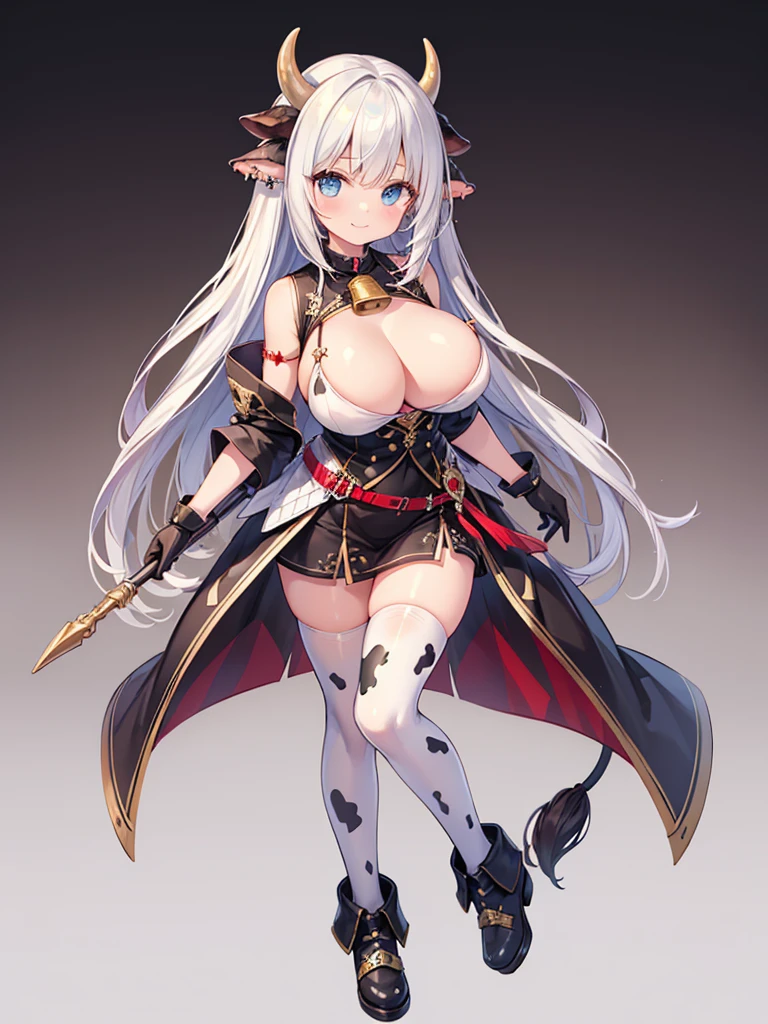 (masterpiece:1.2), (highest quality:1.2), 1girl, solo, cow-girl, ???????, animal-ears, cow-ears, tail, horns, cow-tail, animal-print, cow-horns, thighhighs, ????????????, cow-print, armor, gloves, piercing, very-long-hair, full-body, simple-background, looking-at-viewer, white-hair, smile, ????????????????, blue-eyes, bell, bangs, white-thighhighs, revealing-clothes, neck-bell, monster-girl, cowbell gradient-hair, closed-mouth, thigh, ??????-ring, between-???????
