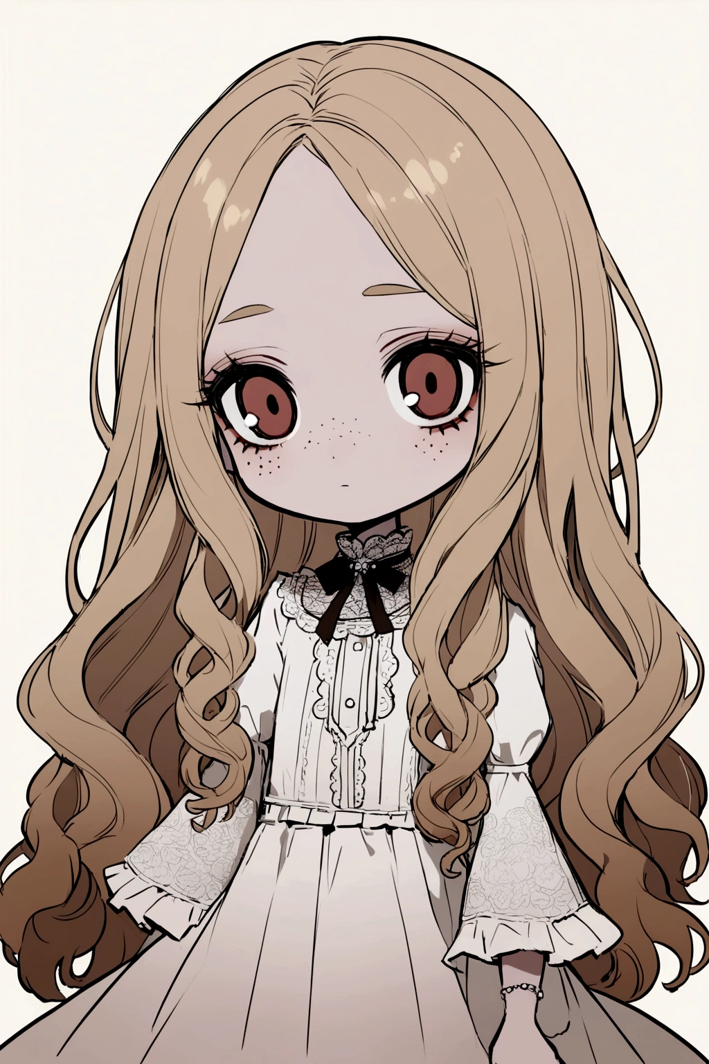 A Blythe doll with light brown hair, super dark brown eyes, light peach skin color, with few freckles, bagns, white semi-long hair