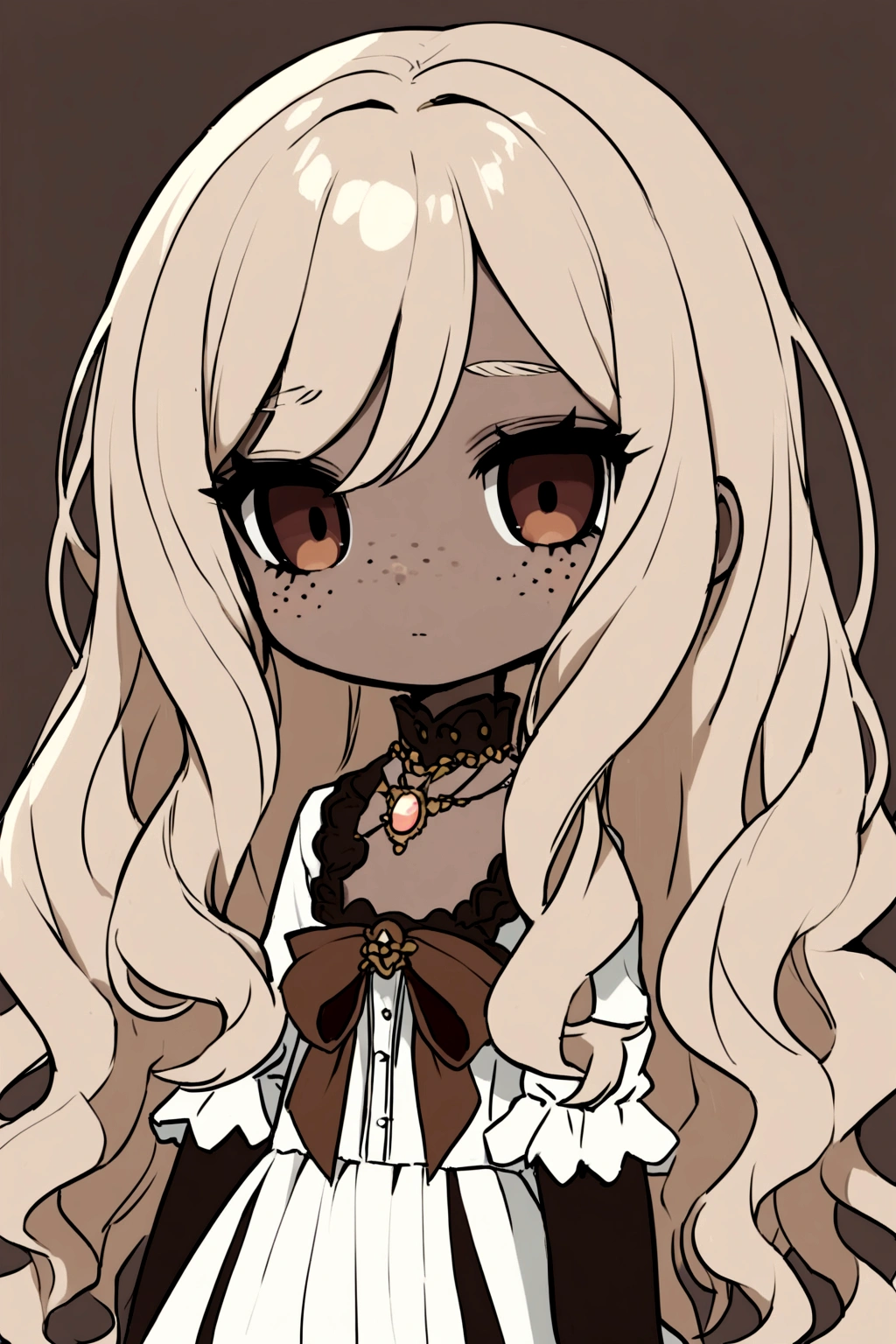   A Blythe doll with light brown hair, super dark brown eyes, light peach skin color, with few freckles, bagns, white semi-long hair