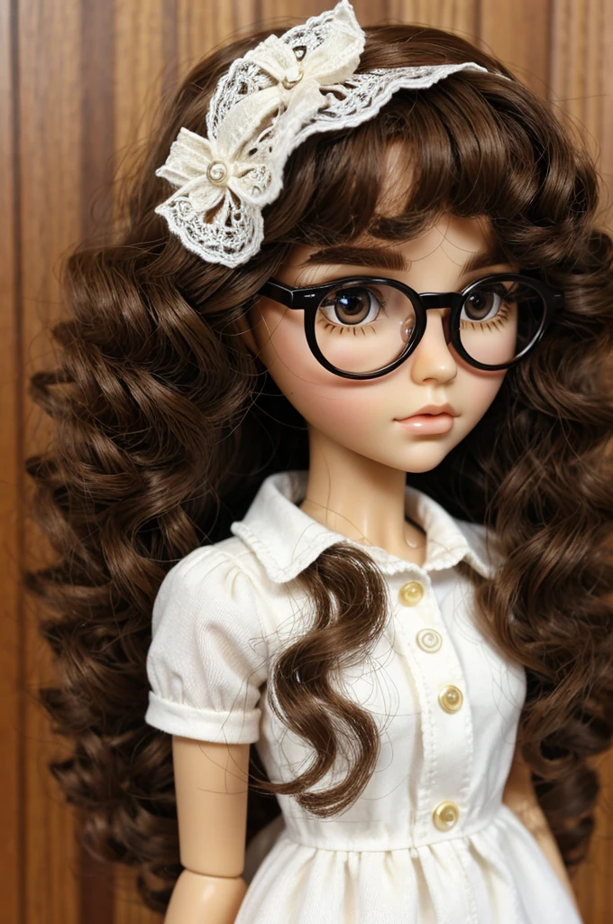 Blythe doll curly hair, brown eyes, white skin, glasses
