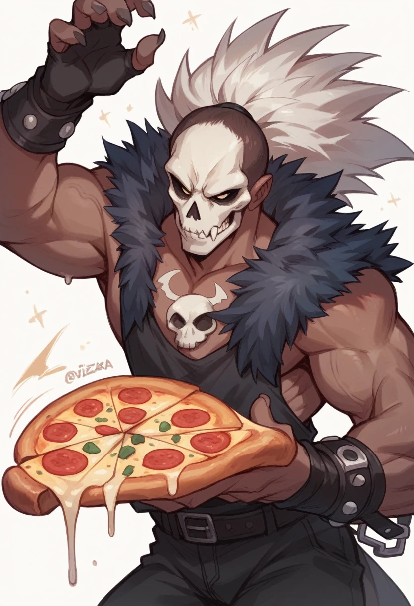 Make a logo of a slice of Pizza oozing with features of a skull and 2 pizza cutters forming its bones, on a completely white background.