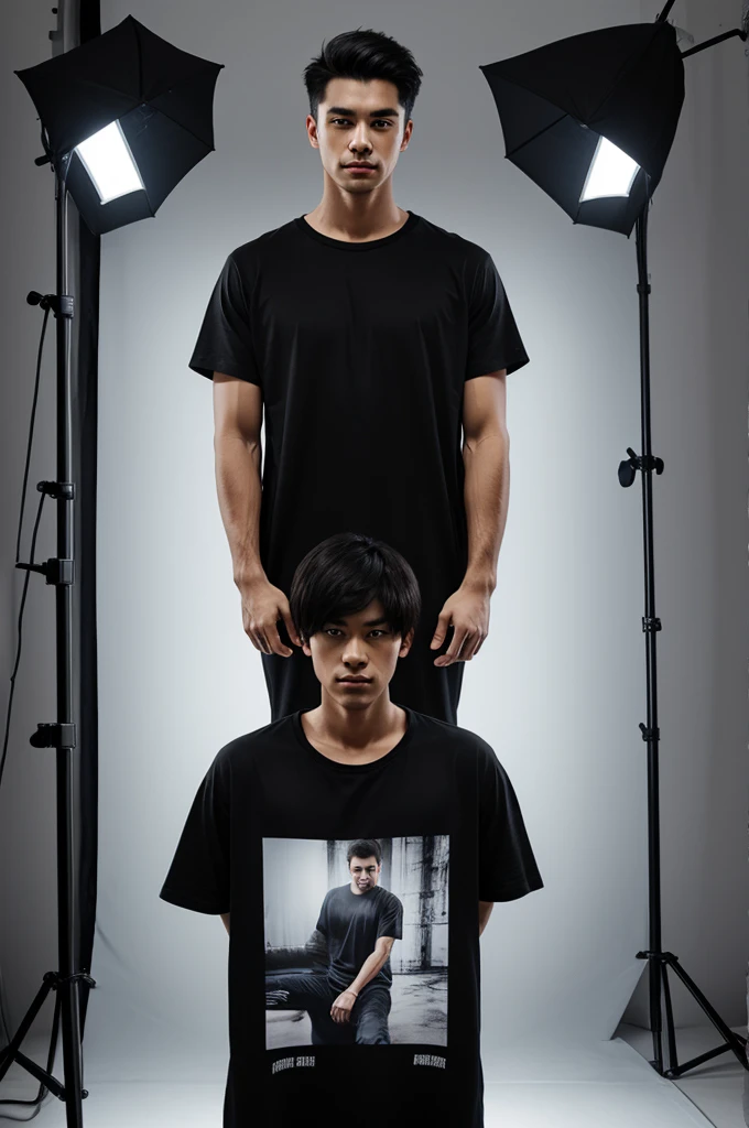 Photograph of a man wearing an oversized black t-shirt in a photography studio with hyper-realistic white light 