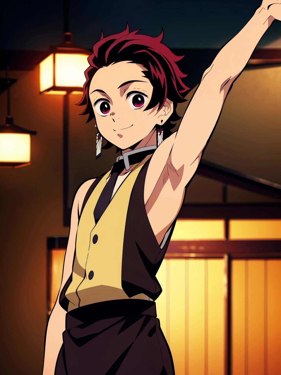 Highres, Masterpiece, Best quality at best,Best Quality,hight quality, hight detailed, Anime style, 1boy, Boy, Little boy, Shota, Tanjiro, earring, Solo person, Sleeveless vest, Tie, Choker, Waiter, night day, Slim body, smile, blurry background, (Seen from the front), The armpits of a 12 year old boy, Adorable little armpits, (Showing armpit:1.3), (very young boy), (very small and short body), Age 12,Uhd, 4k, bokeh