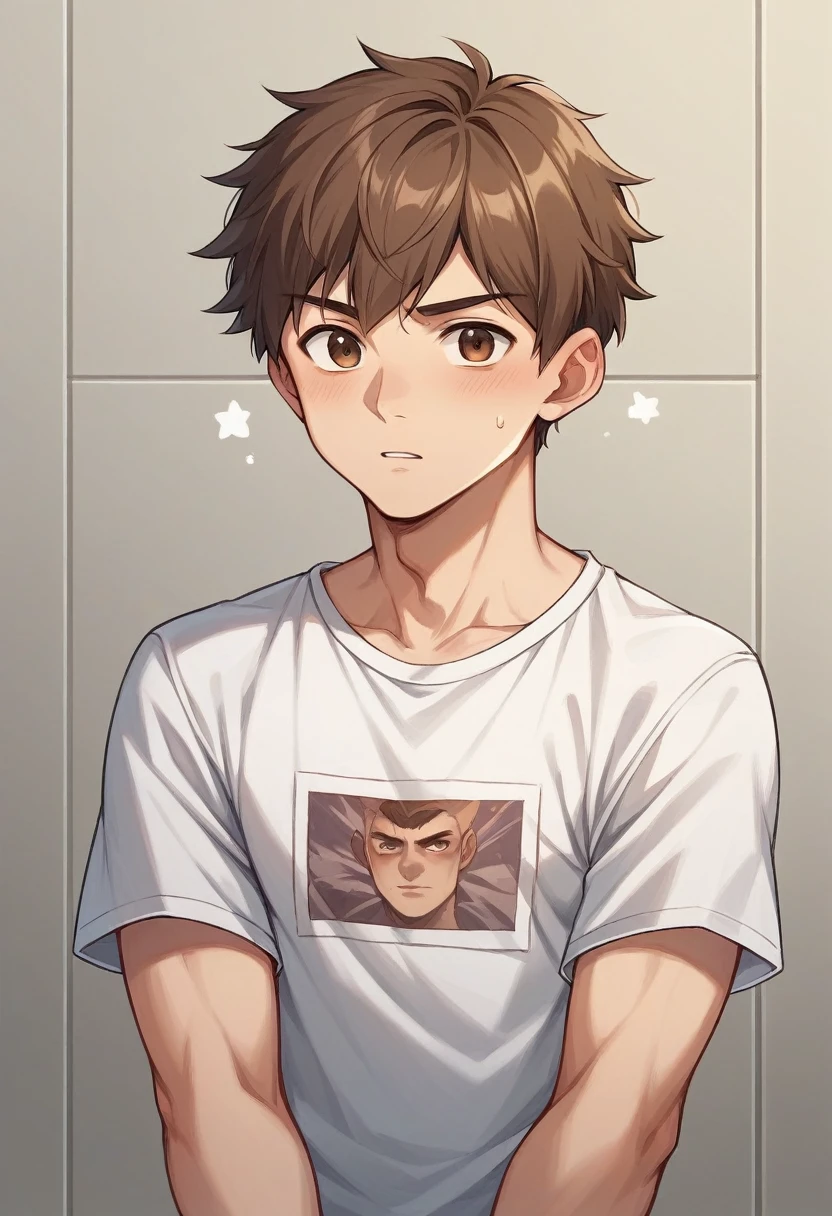 young handsome man、Portraiture、Lonely expression、Brown Hair、Brown eyes、T-shirt、