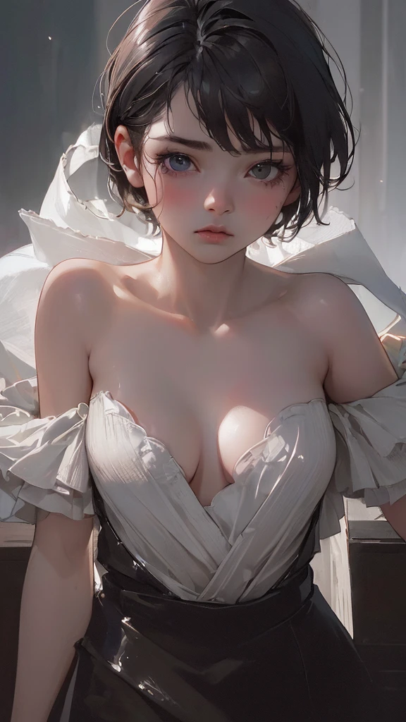 (Highest quality, Tabletop:1.2, Ultra-high resolution, Realistic:1.5), RAW Photos, One Girl, Off the shoulder, In the Dark, Deep Shadow, Low lighting, Cool tones, Captivating Gaze, short hair, Foggy atmosphere, Mysterious atmosphere, Subtle highlights, Dramatic contrast, Elegant pose, Intense emotions, Heavenly Beauty, enchanting darkness, Captivating Expressions