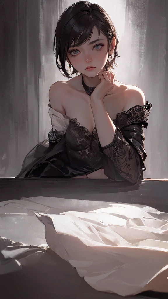 (Highest quality, Tabletop:1.2, Ultra-high resolution, Realistic:1.5), RAW Photos, One Girl, Low lighting, Cool tones, A gentle gaze, short hair, Foggy atmosphere, Mysterious atmosphere, Subtle highlights, Dramatic contrast, Elegant pose, Heavenly Beauty, enchanting darkness, Attractive expression