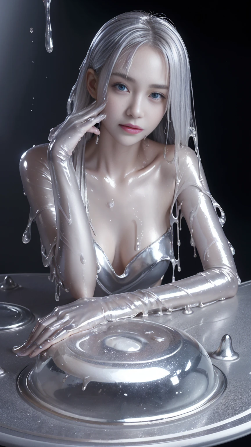 (High resolution,Tabletop:1.2),Super detailed,(Realistic:1.37),Portraiture,Full Body Shot、Slime Girl、Covered in silver slime, (Partially transparent), (Wet),  Silver liquid dripping from her body. Her hair is also Covered in silver slime. Silver slime scattered, Golden Hair, blue eyes、Super cute face、Random pose