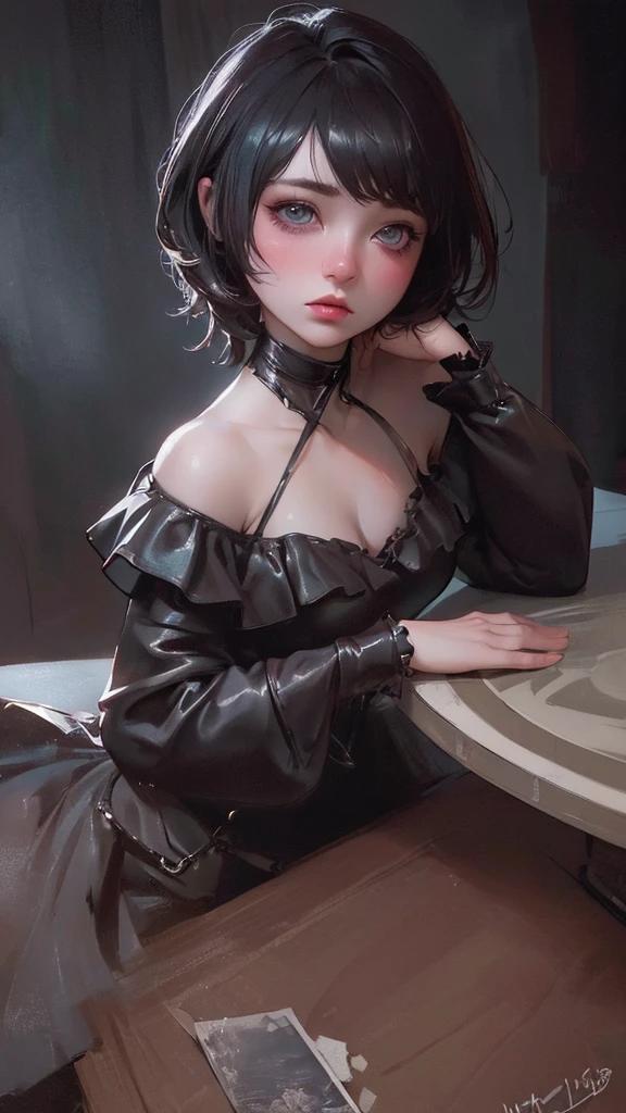 (Highest quality, Tabletop:1.2, Ultra-high resolution, Realistic:1.5), RAW Photos, One Girl, Off the shoulder, In the Dark, Deep Shadow, Low lighting, Cool tones, Captivating Gaze, short hair, Foggy atmosphere, Mysterious atmosphere, Subtle highlights, Dramatic contrast, Elegant pose, Intense emotions, Heavenly Beauty, enchanting darkness, Captivating Expressions