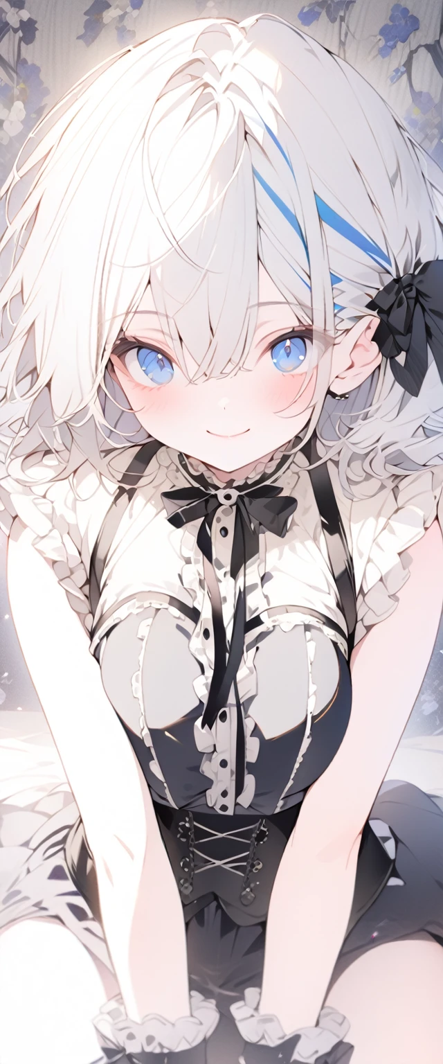 beautiful, masterpiece, Highest quality, anime, One girl, C Cup,Portrait Shot, View your viewers, Covered、Medium Hair、nearby、Blue Eyes、art、、White hair,Blue streaked hair、wallpaper、Cute smile、Thighs、Cute、bed、Beautiful breasts、Full Harness、valley、Gothic Lolita Coordination、corset、Courtesy