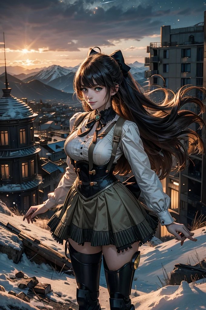 cowboy shot, dynamic pose, smile, underbust, Penny Polendina, long hair, neck ribbon, suspender skirt, corset, black bow, white blouse, mechanical legs, neon trim, standing in city ruins on hill, in valley, BREAK night, stars, moon, snow, BREAK mountains in background, waterfall, crowd, (crowd in military uniform), bonfires, post-apocalypse, dystopian future, (volumetric lighting), intricate details, tonemapping, sharp focus, hyper detailed,