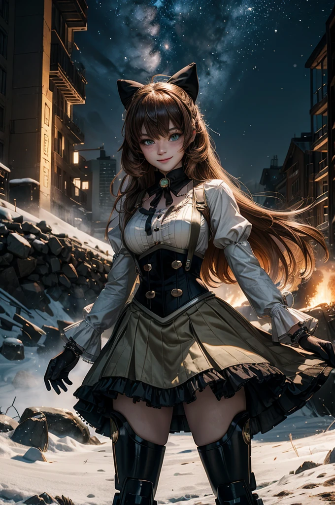 cowboy shot, dynamic pose, smile,  underbust, Penny Polendina, long hair, neck ribbon, suspender skirt, corset, black bow, white blouse, mechanical legs, neon trim, standing in city ruins on hill, in valley, BREAK night, stars, moon, snow, BREAK mountains in background, waterfall, crowd, (crowd in military uniform), bonfires, post-apocalypse, dystopian future, (volumetric lighting), intricate details, tonemapping, sharp focus, hyper detailed, 

