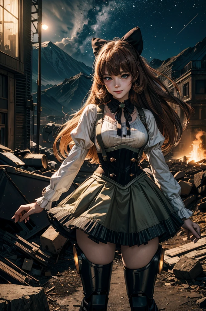 cowboy shot, dynamic pose, smile, underbust, Penny Polendina, long hair, neck ribbon, suspender skirt, corset, black bow, white blouse, mechanical legs, neon trim, standing in city ruins on hill, in valley, BREAK night, stars, moon, snow, BREAK mountains in background, waterfall, crowd, (crowd in military uniform), bonfires, post-apocalypse, dystopian future, (volumetric lighting), intricate details, tonemapping, sharp focus, hyper detailed,