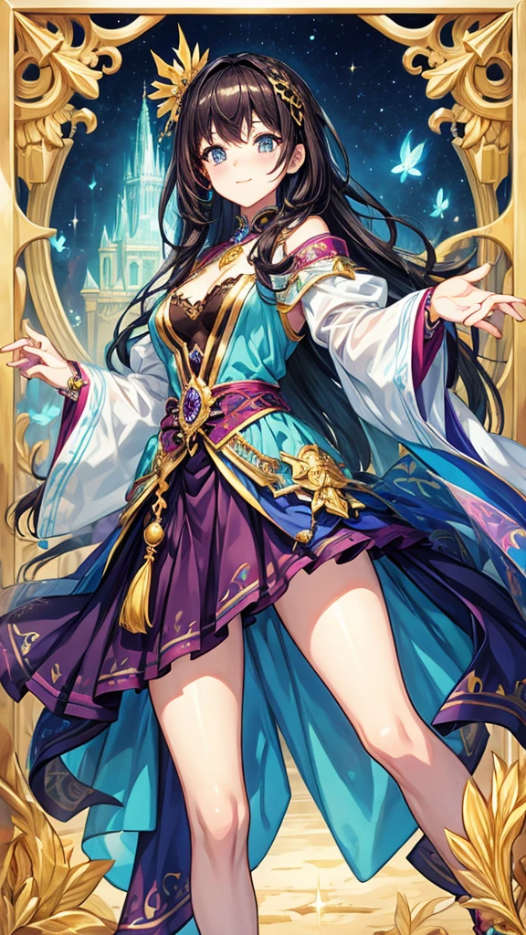 fantasy world girl with colorful hair, accessories, detailed clothes, dark hair