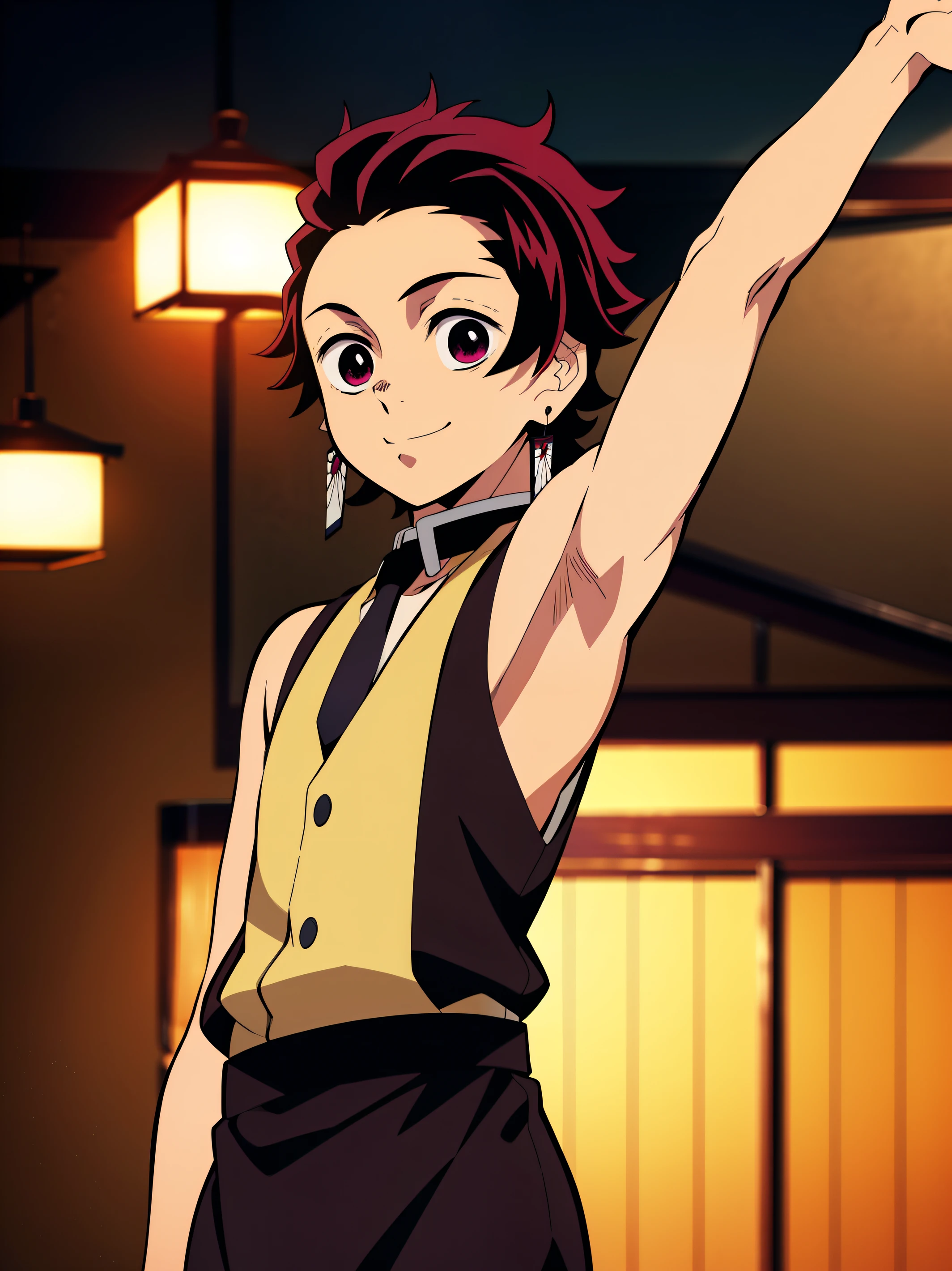 Highres, Masterpiece, Best quality at best,Best Quality,hight quality, hight detailed, Anime style, 1boy, Boy, Little boy, Shota, Tanjiro, earring, Solo person, Sleeveless vest, Tie, Choker, Waiter, night day, Slim body, smile, blurry background, (Seen from the front), The armpits of a 12 year old boy, Adorable little armpits, (Showing armpit:1.3), (very young boy), (very small and short body), Age 12,Uhd, 4k, bokeh