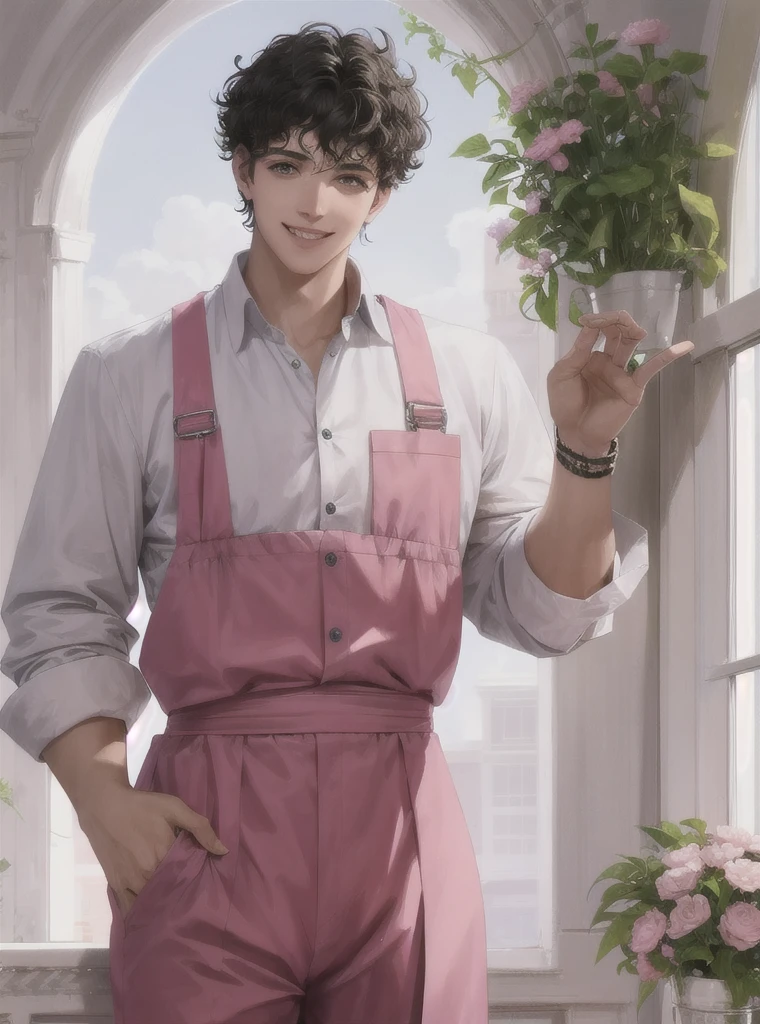 Make a young man of with short curly asabache black hair, dark eyes, smiling, White skin, with a baby facy cheeks, very attractive, with a pink shirt, who is standing behind a window, HD quality