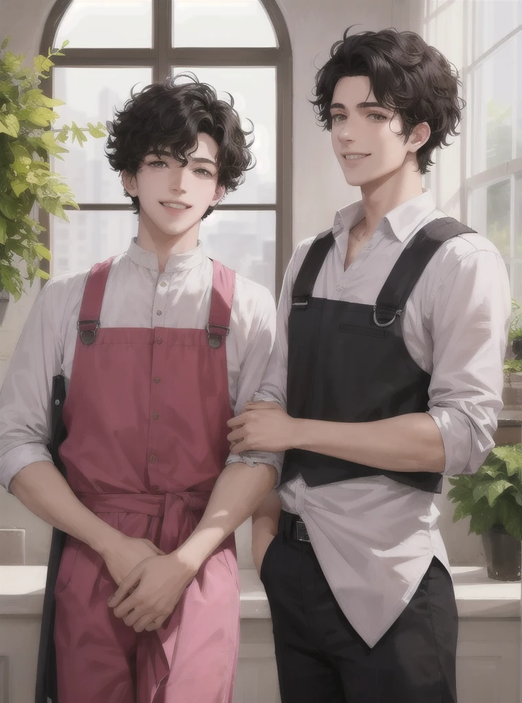 Make a young man of with short curly asabache black hair, dark eyes, smiling, White skin, with a baby facy cheeks, very attractive, with a pink shirt, who is standing behind a window, HD quality