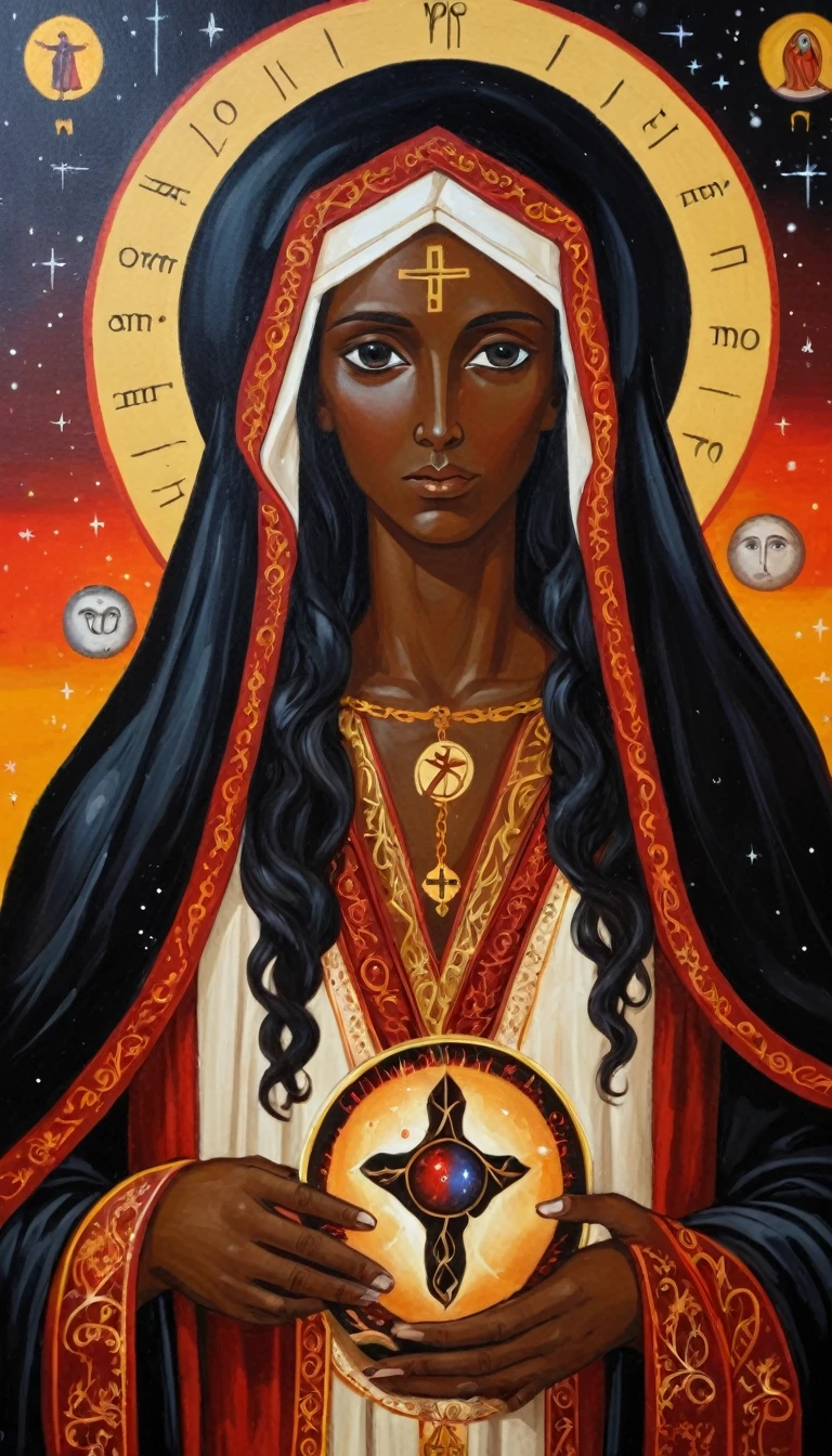 priestess (santa) black mary magdalene, painted orthodox, symbols and elements of astrology, 
