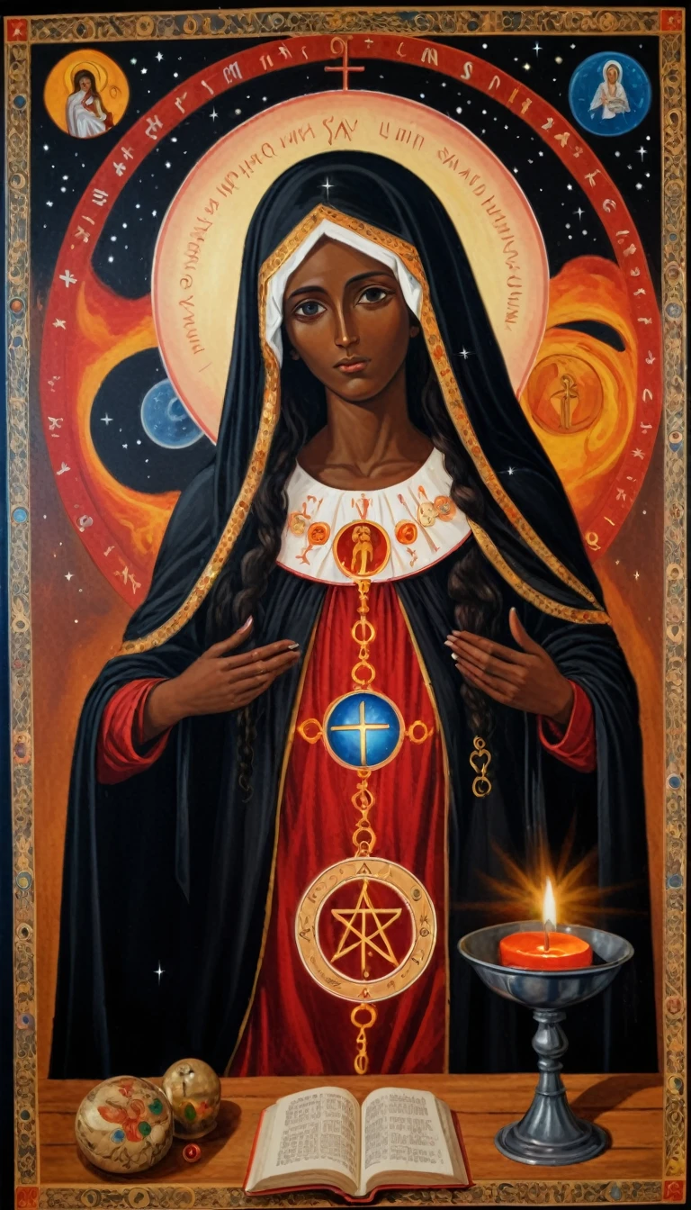 priestess (santa) black mary magdalene, painted orthodox, symbols and elements of astrology,