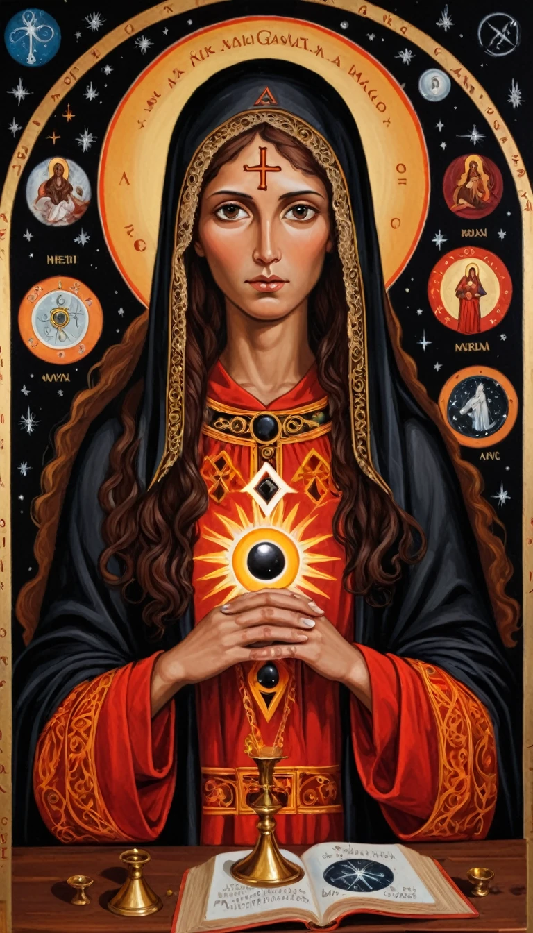 priestess (santa) black mary magdalene, painted orthodox, symbols and elements of astrology, 
