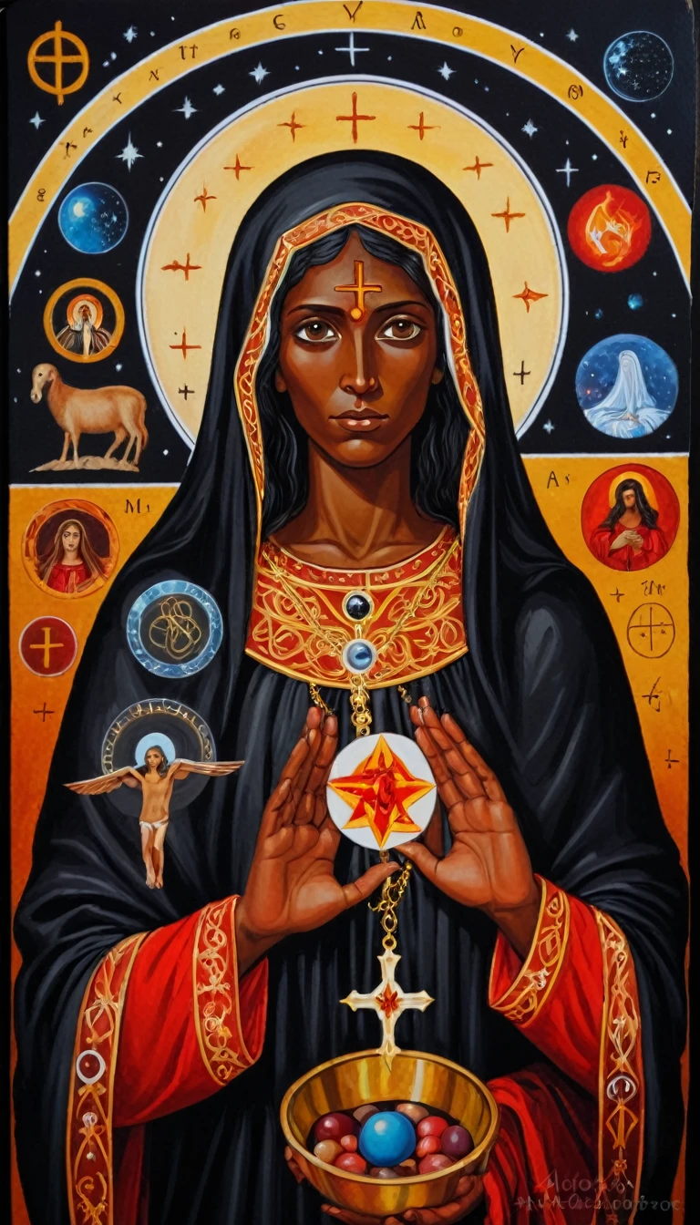 priestess (santa) black mary magdalene, painted orthodox, symbols and elements of astrology,