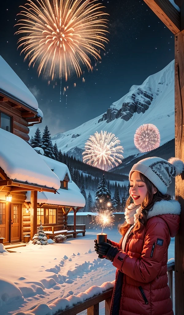 A snowy New Year celebration in a mountain cabin, people in warm clothes, fireworks reflecting on the snow
