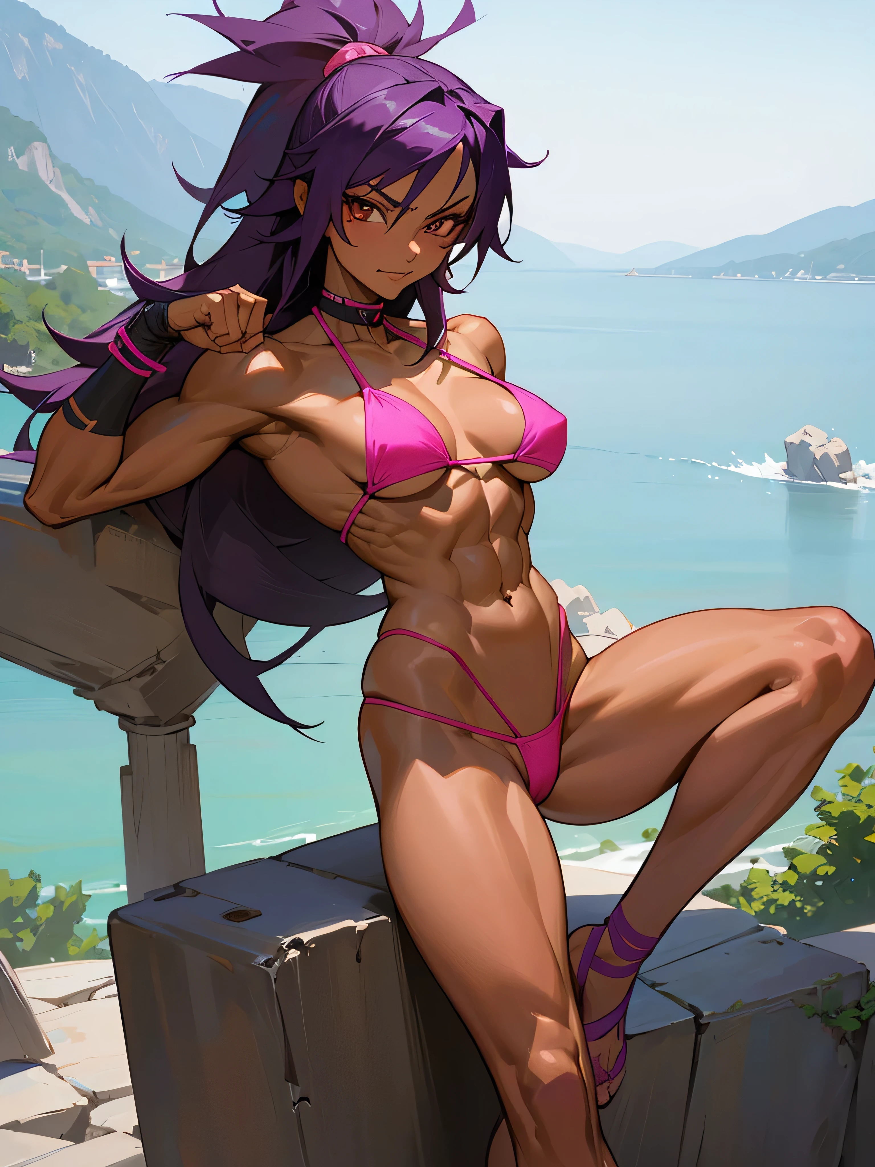 18 year old Yoruichi Shihöin from Bleach with tanned skin in a neon pink thong bikini flexing her muscles in a front double bicep pose to pridefully show off her rock hard abs and sitting on her heels on a mountain ledge, highly detailed