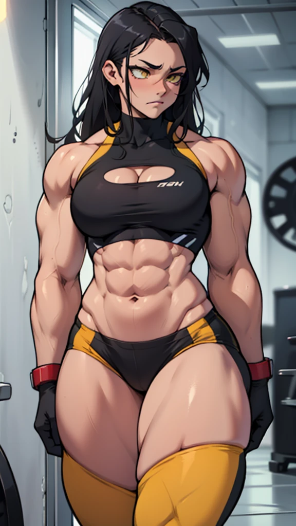 wide hips curvy thick thighs voluptuous large breasts muscular toned body bodybuilder black hair pale skin yellow eyes skintight expressionless sad sad