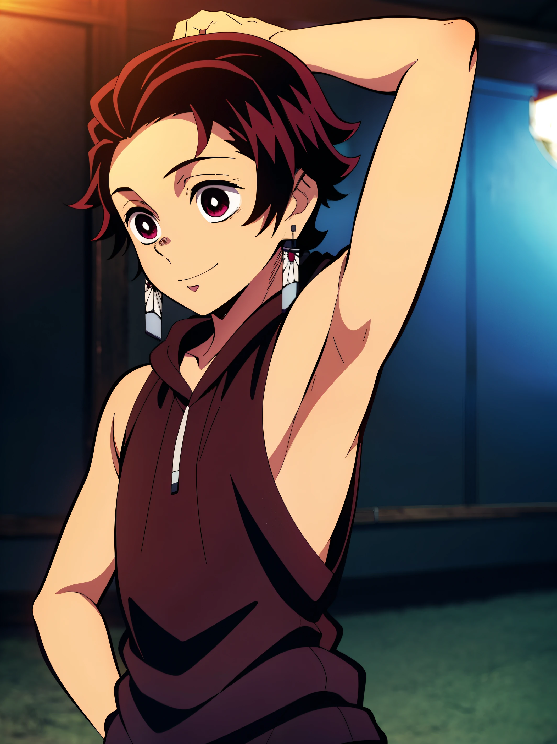 Highres, Masterpiece, Best quality at best,Best Quality,hight quality, hight detailed, Anime style, 1boy, Boy, Little boy, Shota, Tanjiro, earring, Solo person, Sleeveless hoodie, Slim body, smile, blurry background, (Seen from the front), The armpits of a 12 year old boy, Adorable little armpits, (Showing armpit:1.3), (very young boy), (very small and short body), Age 12,Uhd, bokeh, 4k