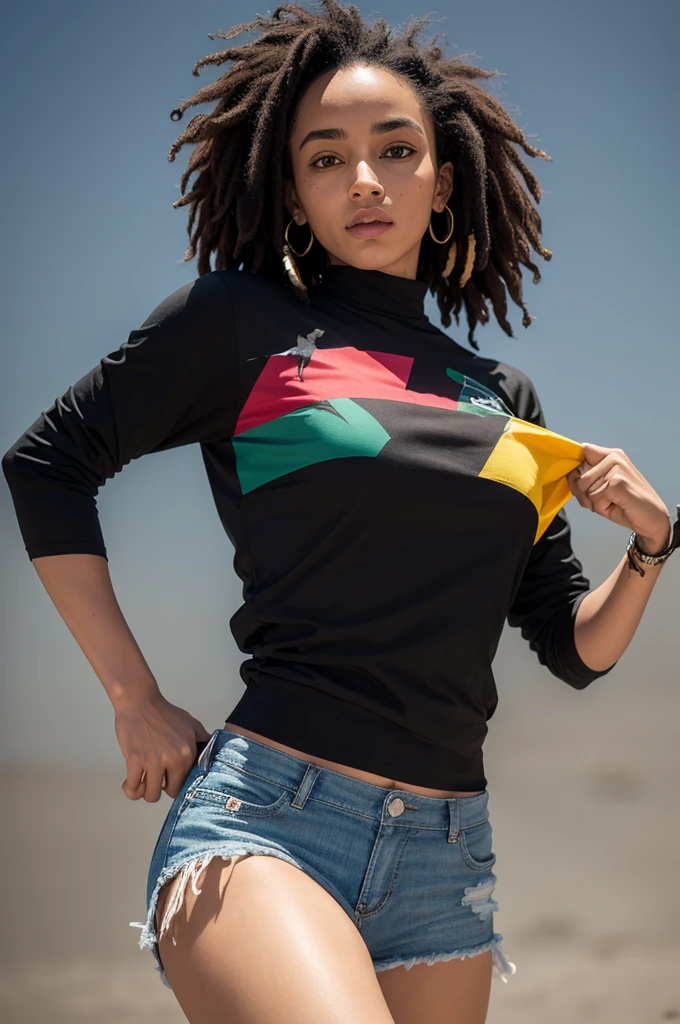 a black shirt where the collar and part of the sleeve have the color of bob marley and with the boitatá running around the shirt as a print