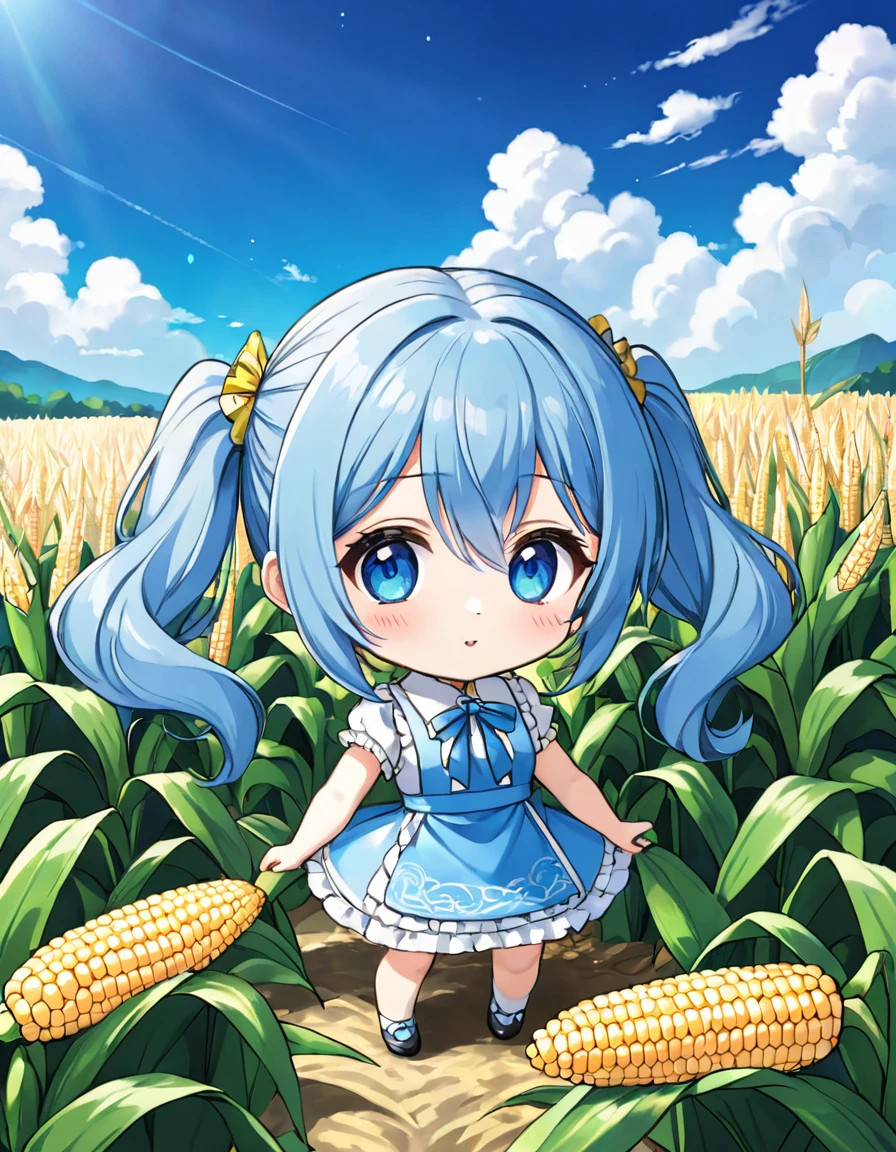 blue sky、White cloud、A field of corn、Light blue long hair、Cute chibi character with twin tails、I&#39;m happy to be surrounded by corn.、A little character is eating corn、A kernel of corn on his cheek、Delicious smile、T-shirt and denim shorts