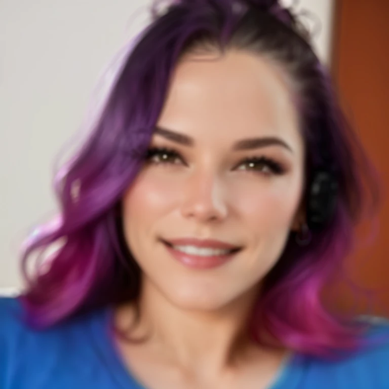 smiling woman with purple hair and blue shirt, sitting on a sofa, Ayahausca, powder Nándor Katona, alanis guillen, high resolution, adriana dxim, alexa65, alexa 65, malika favre, interested, alena, lovecratiano, low resolution, they, pilar, flickr