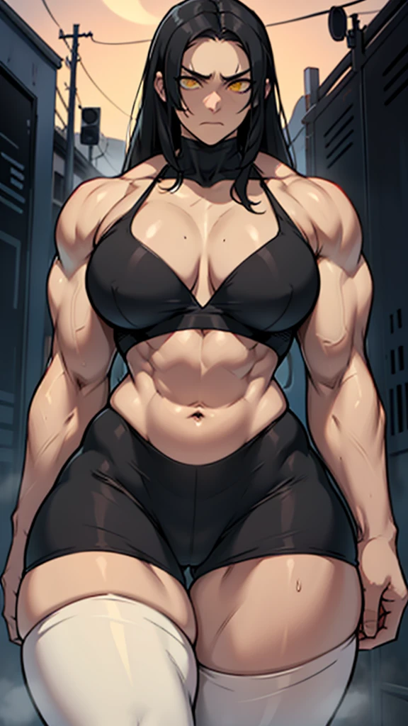 wide hips curvy thick thighs voluptuous large breasts muscular toned body bodybuilder black hair pale skin yellow eyes skintight expressionless sad sad