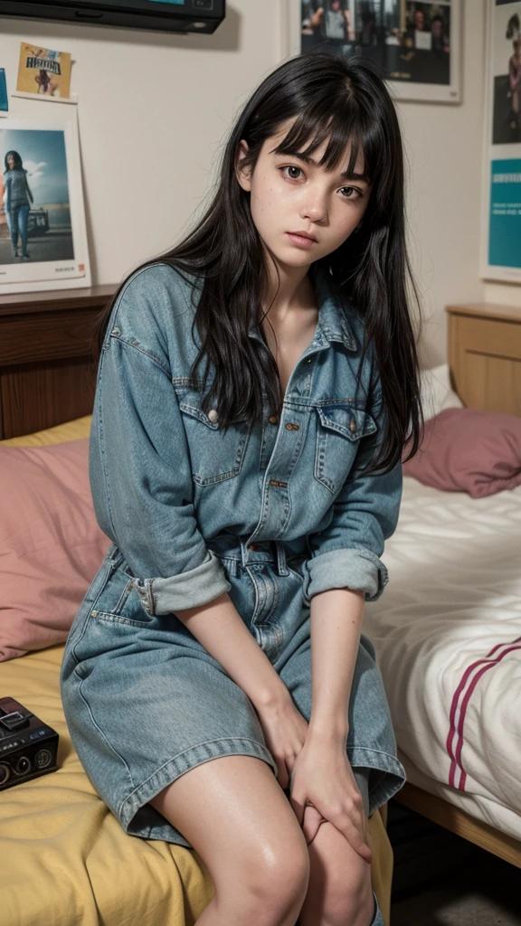 In a 70s theme A 16 year old girl wearing a blue jumpsuit over a green shirt, and jeans is sitting with her legs crossed on her bed in her room, holding a Polaroid camera with several photos spread across the bed, the girl has straight black hair with bangs on her forehead she is looking at the camera that she holds in her hands, in the room there is a wall with band posters glued to the wall and a dresser with a radio player with some tapes stacked up