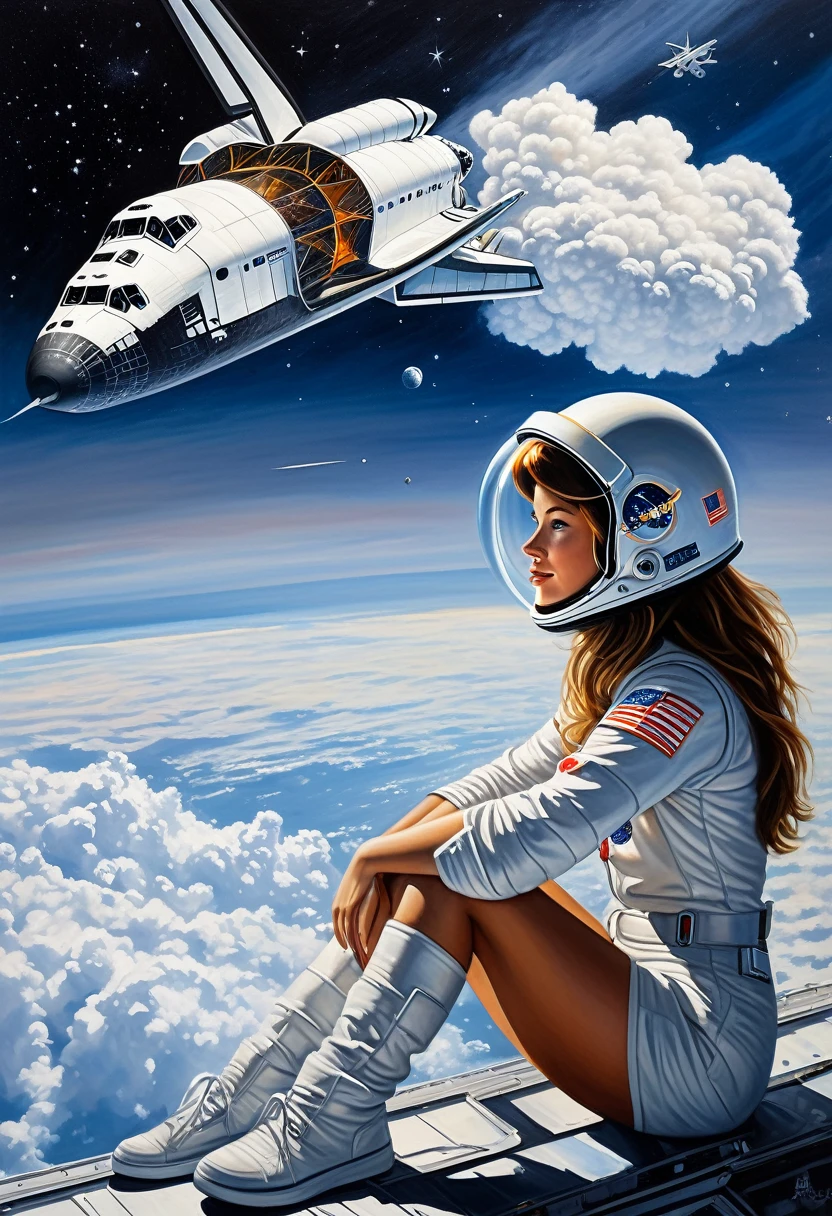 Woman wearing helmet looking at space shuttle, airbrush painting inspired by Robert McCall, tumbler, space art, girl in space, looking at space, astronaut, girl gazing into space, looking at space, woman astronaut, dreaming of space, far away gazing, sitting on a cloud in space
