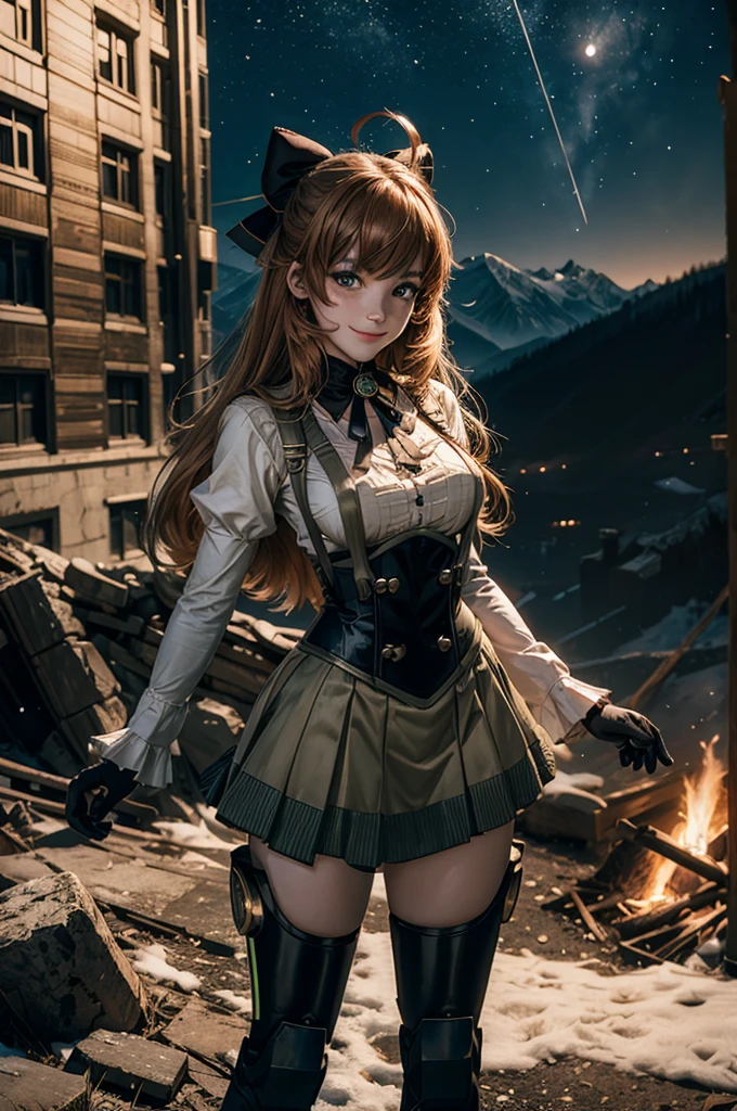 cowboy shot, dynamic pose, smile,  underbust, Penny Polendina, long hair, neck ribbon, suspender skirt, corset, black bow, white blouse, mechanical legs, neon trim, standing in city ruins on hill, in valley, BREAK night, stars, moon, snow, BREAK mountains in background, waterfall, crowd, (crowd in military uniform), bonfires, post-apocalypse, dystopian future, (volumetric lighting), intricate details, tonemapping, sharp focus, hyper detailed, 

