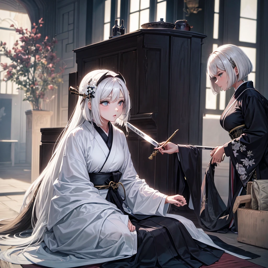 Créer une femme mature, peau légèrement bronzée, coupe bob de couleur noirs avec une mèche sur l'œil droit, cheveux noir !, hétérochromie droit blanc, gauche noirs, elle porte un kimono courts blanc, kimono sexy, un katana a la ceinture de couleur blanc, un regard autoritaire.