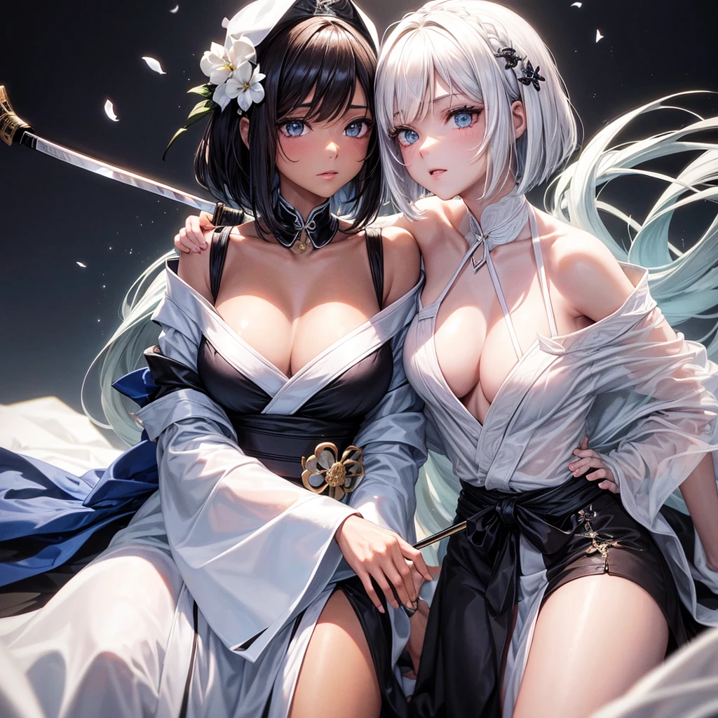 Créer une femme mature, peau légèrement bronzée, coupe bob de couleur noirs avec une mèche sur l'œil droit, cheveux noir !, hétérochromie droit blanc, gauche noirs, elle porte un kimono courts blanc, kimono sexy, un katana a la ceinture de couleur blanc, un regard autoritaire.
