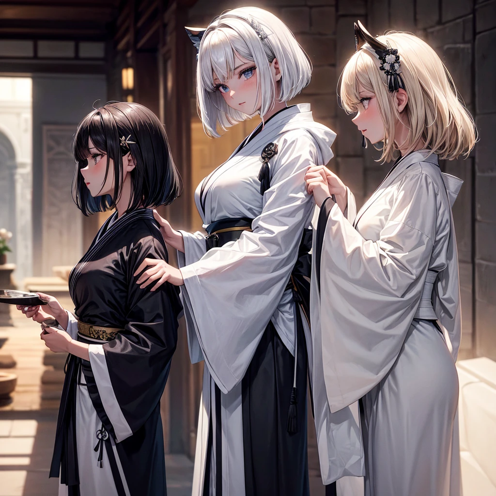 Créer une femme mature, peau légèrement bronzée, coupe bob de couleur noirs avec une mèche sur l'œil droit, cheveux noir !, hétérochromie droit blanc, gauche noirs, elle porte un kimono courts blanc, kimono sexy, un katana a la ceinture de couleur blanc, un regard autoritaire.