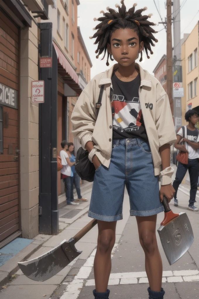 with street style clothes, with tanned skin, short dreads in hair and holding an ax
