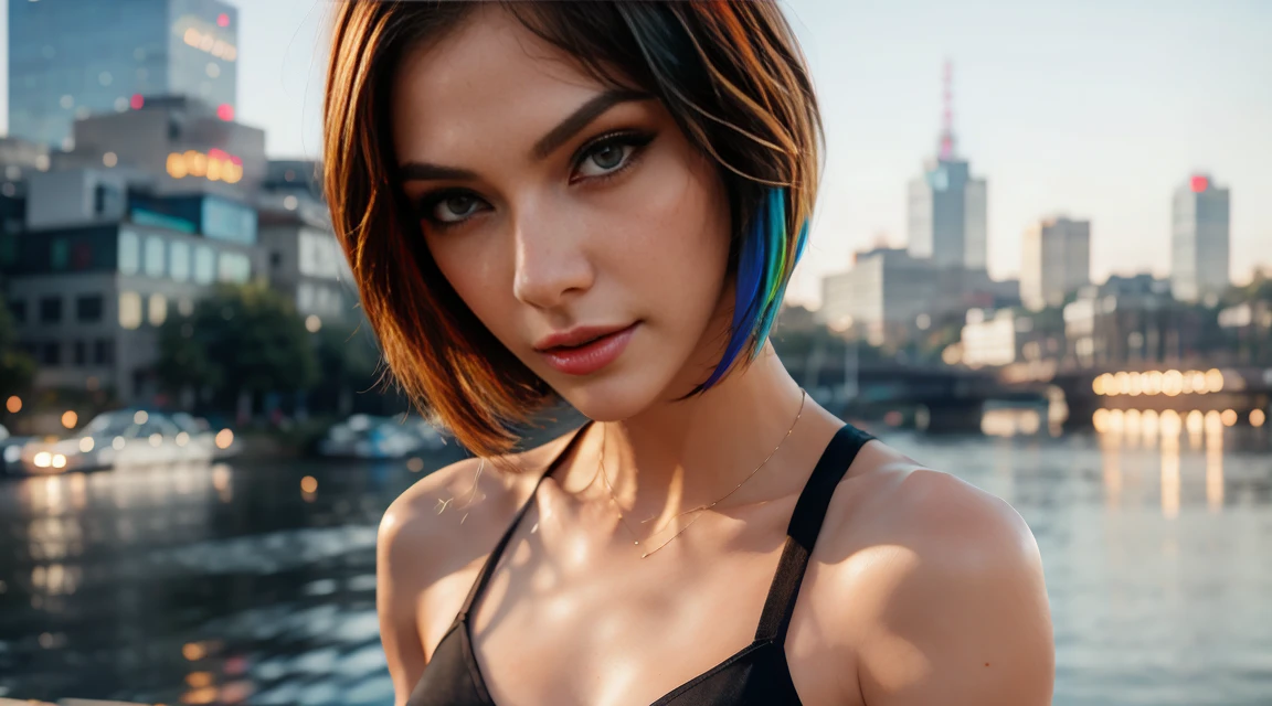 (beautiful European woman (perfect face)),short shoulder length hair (bob hairstyle), wicked smile, pale skin, (skin texture:1.1), (high detail sexy cyberpunk clothing), (high detail eyes:1.2), (multi coloured hair), (random short hairstyle), fit athletic body, cyberpunk city at night, raining, (masterpiece), (photorealistic:1.4), RAW photo, best quality, high res, rich colors, backlight, cinematic lighting, film grain, raw photo, 50mm lens, Nikon D850, warm colors