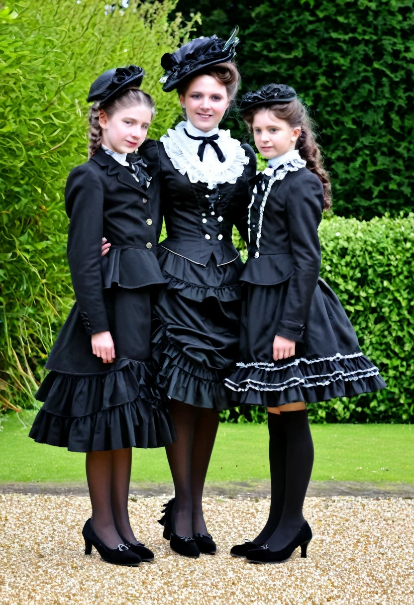 a two tween and vers mum in Victorian outfit with flounce and high heels